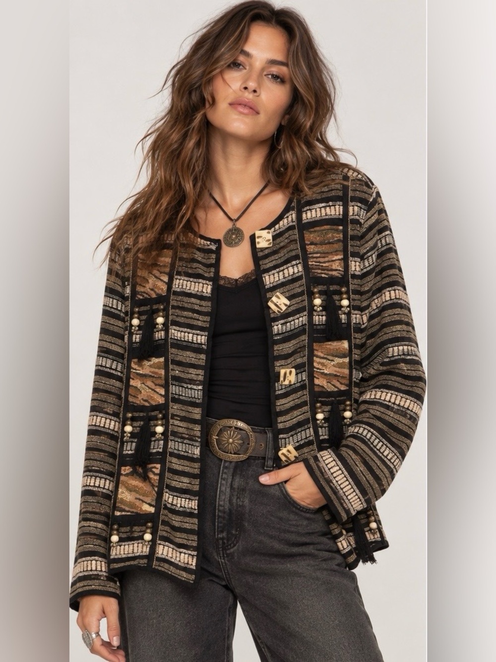 Allure VTG Earthy Artsy Boho Black Gold Brown Beaded Open-Front Jacket Medium